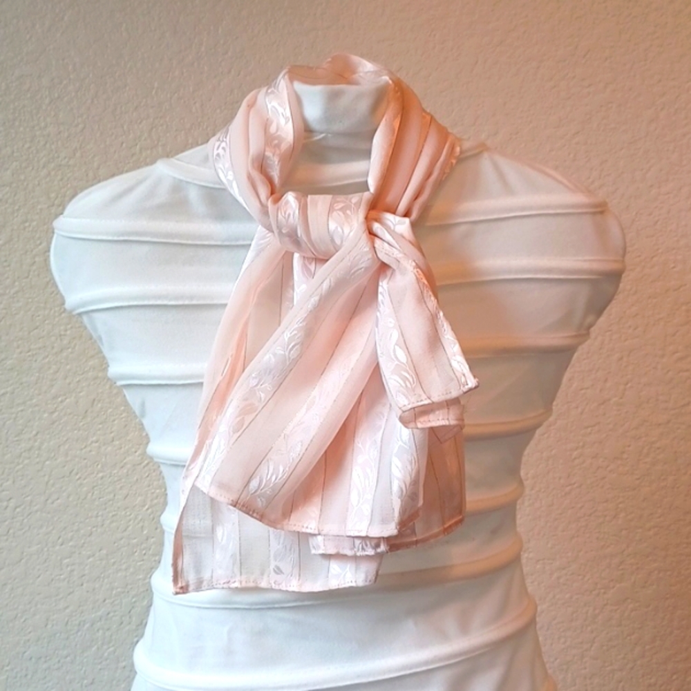 Vintage Handmade Sheer Scarf Pink & Gold Striped with Leaf Pattern, 18" x 36.5"